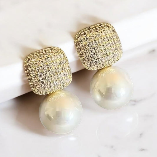Elegant Square Pearl Pendant Earrings.