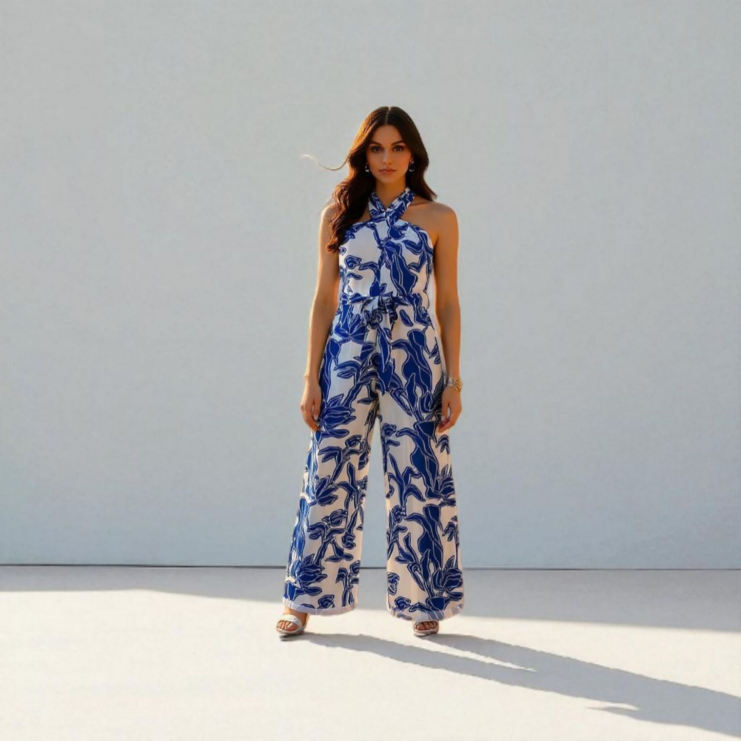 Woman wearing a blue and white floral jumpsuit on a white background