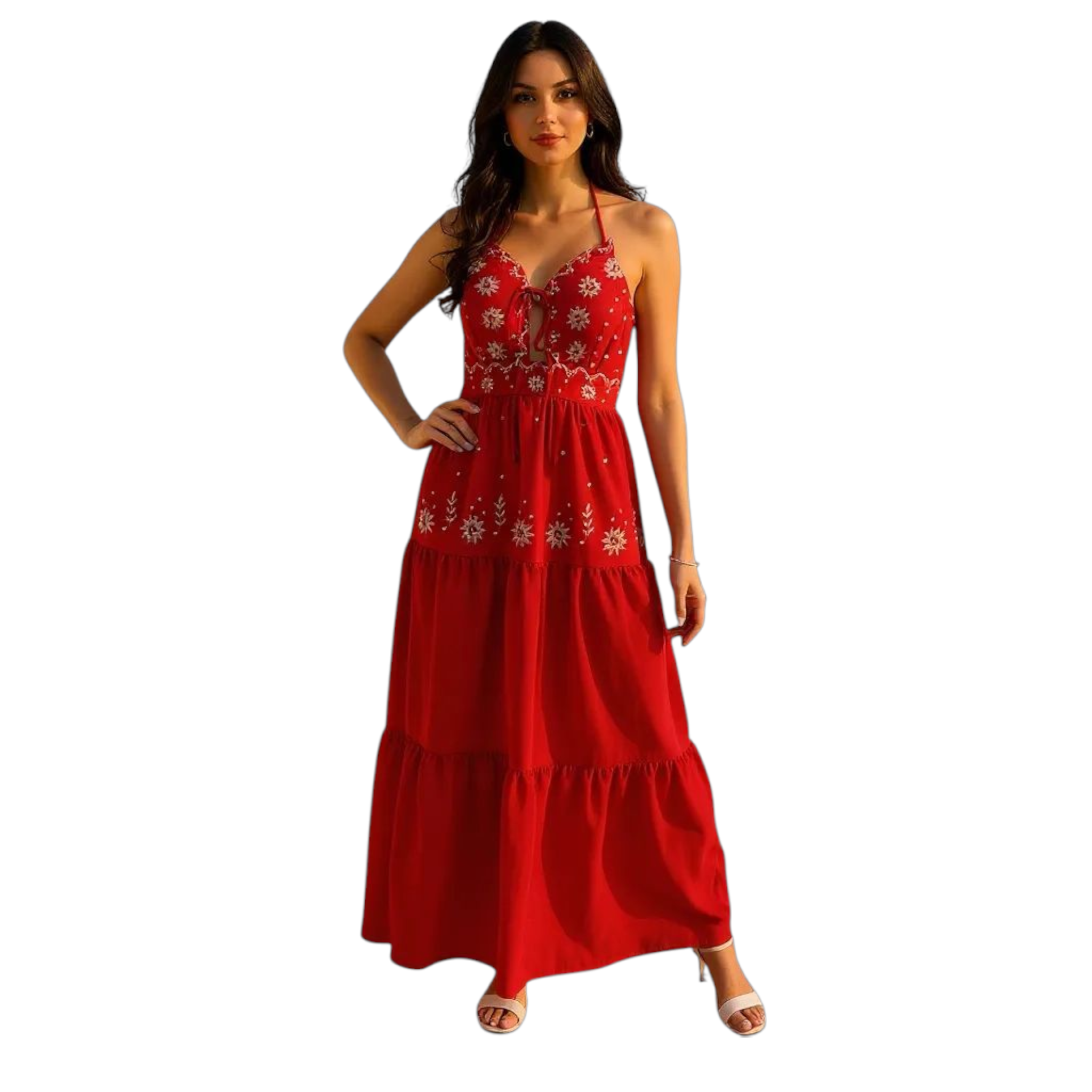 Woman wearing a red dress with floral patterns on a white background
