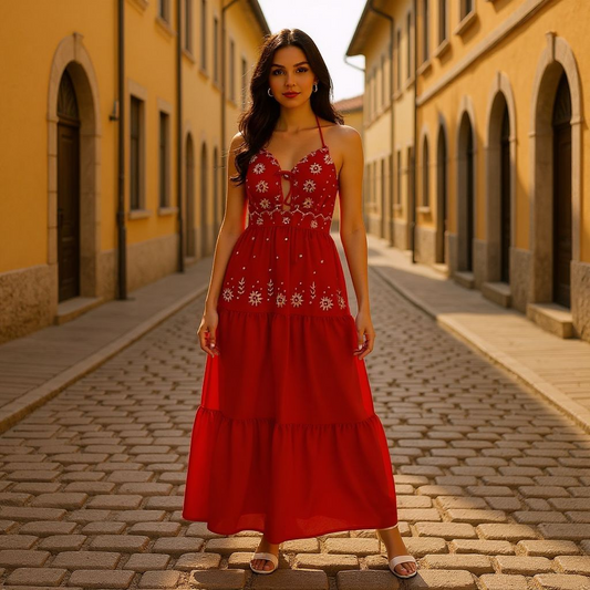 Woman in a red dress standing on a cobblestone street with buildings in the background