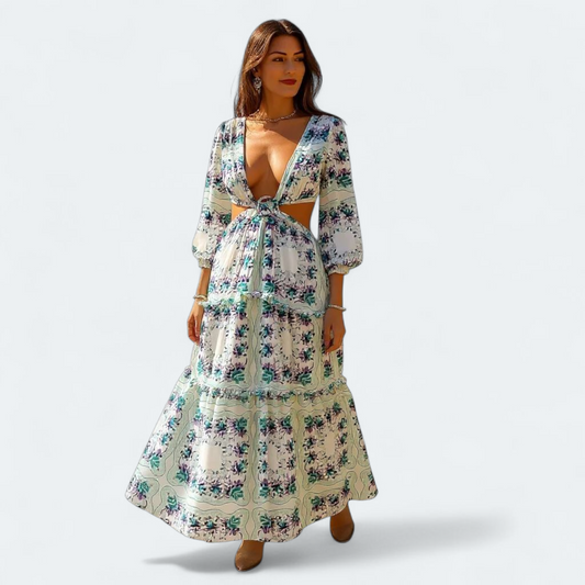 Woman wearing a floral dress on a white background