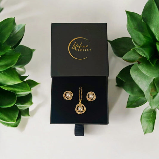 Parisian Swirl Pearl Earrings and necklace stainless steel Set